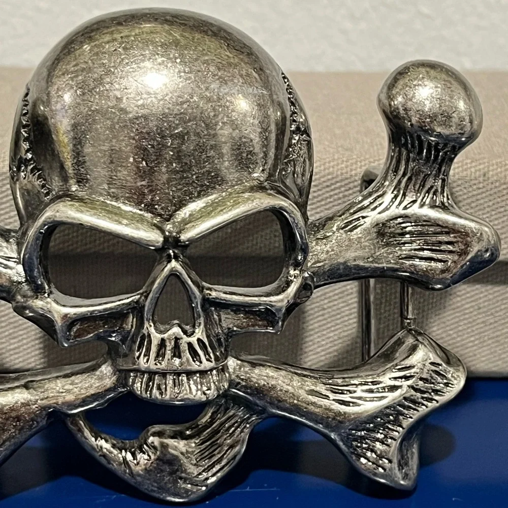 Pirate Skull Crossbones Pewter Silver Tone Belt Buckle Vintage 80s 90s Mens